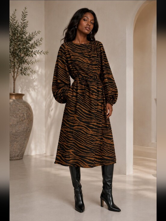 & Other Stories Dresses & Skirts - & Other Stories Classic Tiger-Print Long Sleeve Midi Dress - Brown/Black